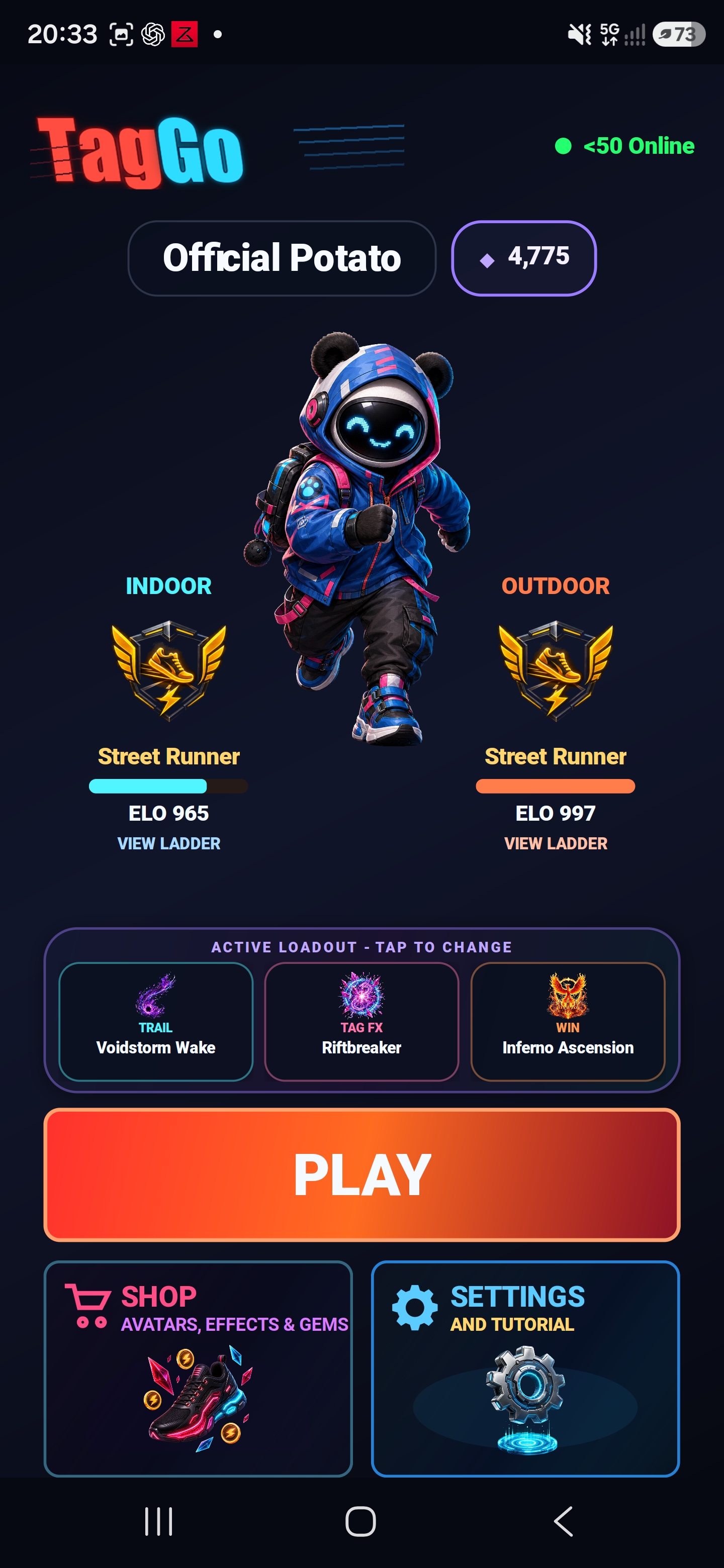 TagGo home screen showing an avatar, Indoor and Outdoor ranks, loadout and Play button
