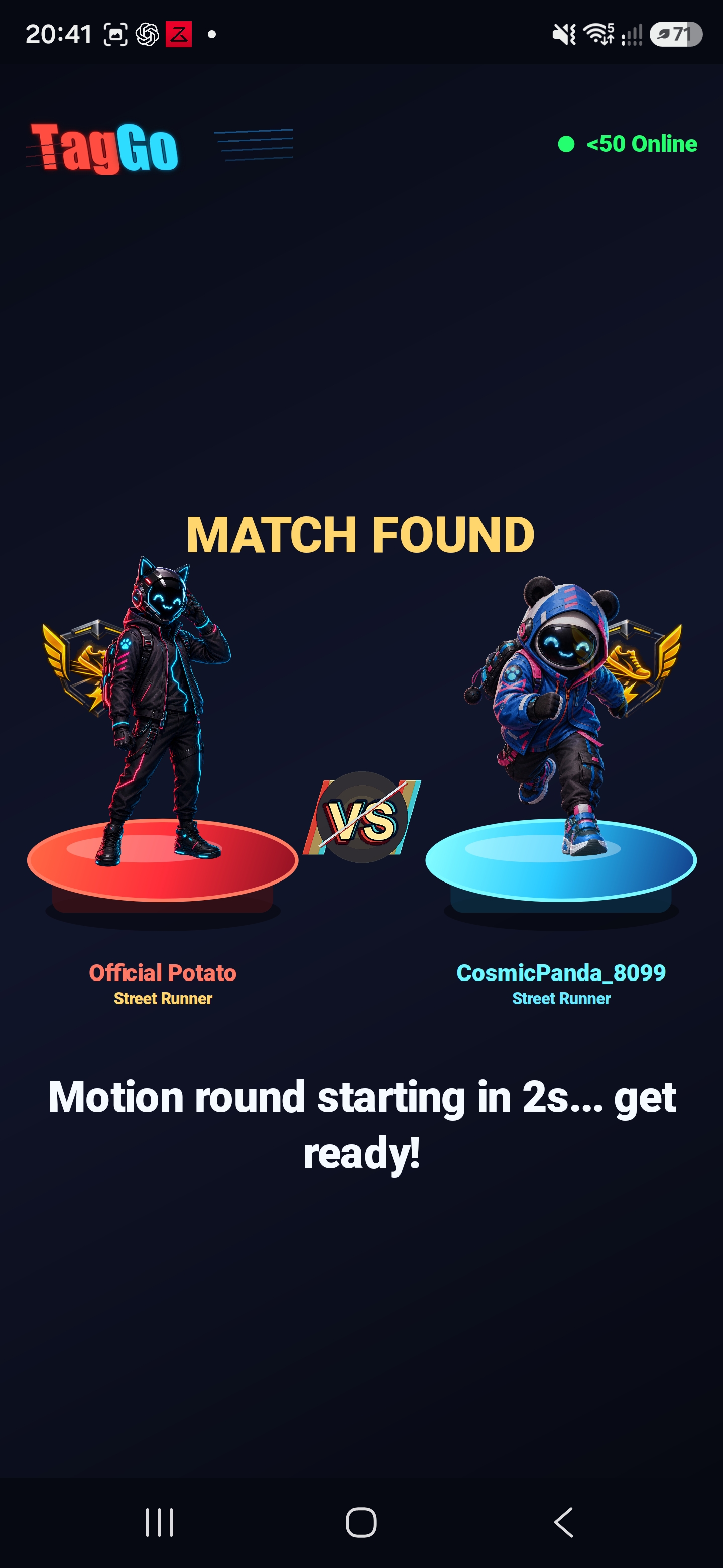 TagGo matchmaking screen with two rivals ready to compete